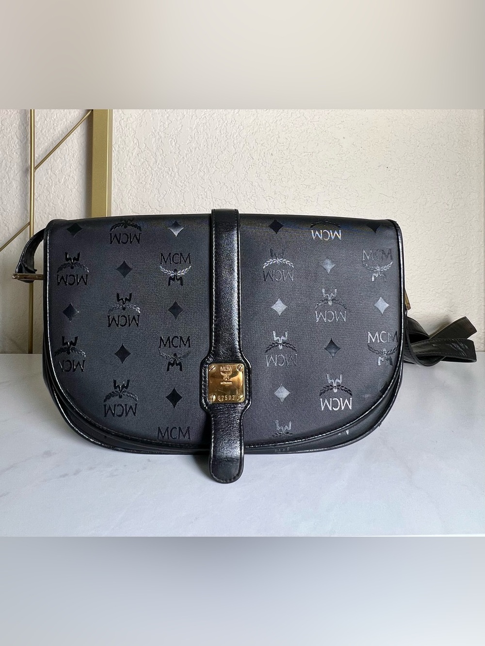 MCM Black Visetos Leather and Nylon Monogram Logo Black Shoulder Bag Crossbody